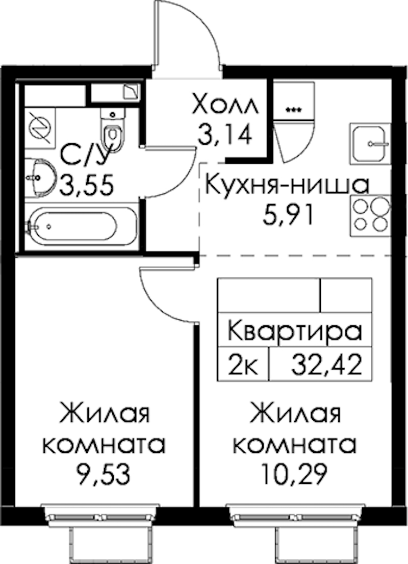 1-комнатная квартира 32.42 м², 11/15 эт., ЖК «Янинский лес»